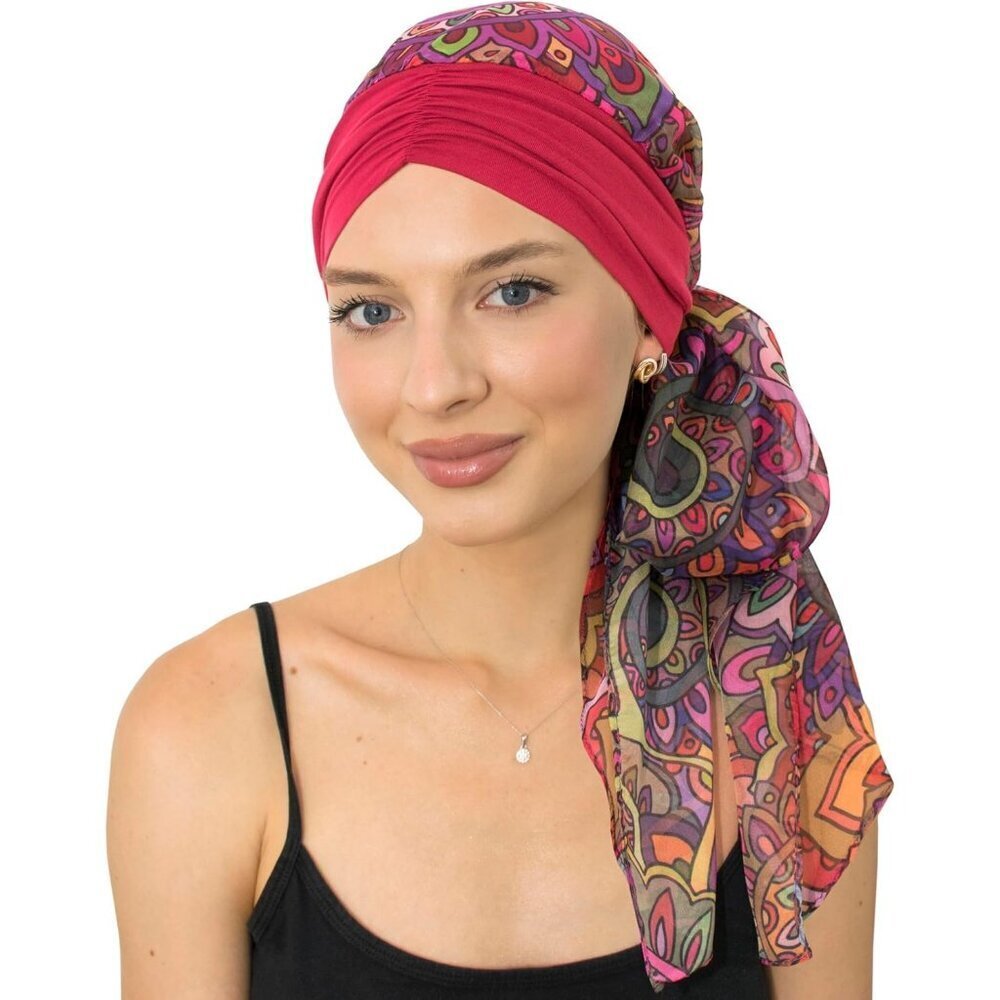 Women’s Red Colorful Scarf Skull Cap Chemo Headwear Hair Loss Turban